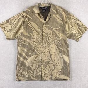 VTG Y2K Trust Hawaiian Camp Shirt Mens M Gold Mesh Sheer Japanese Samurai Anime